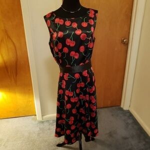 Cherry Print Black Midi Dress